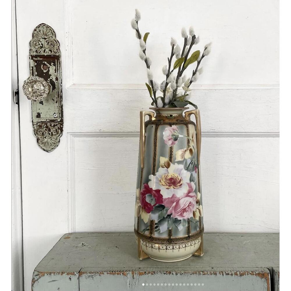 Antique Imperial Nippon Moriage Wild Rose Vase Hand Painted Triple Handle